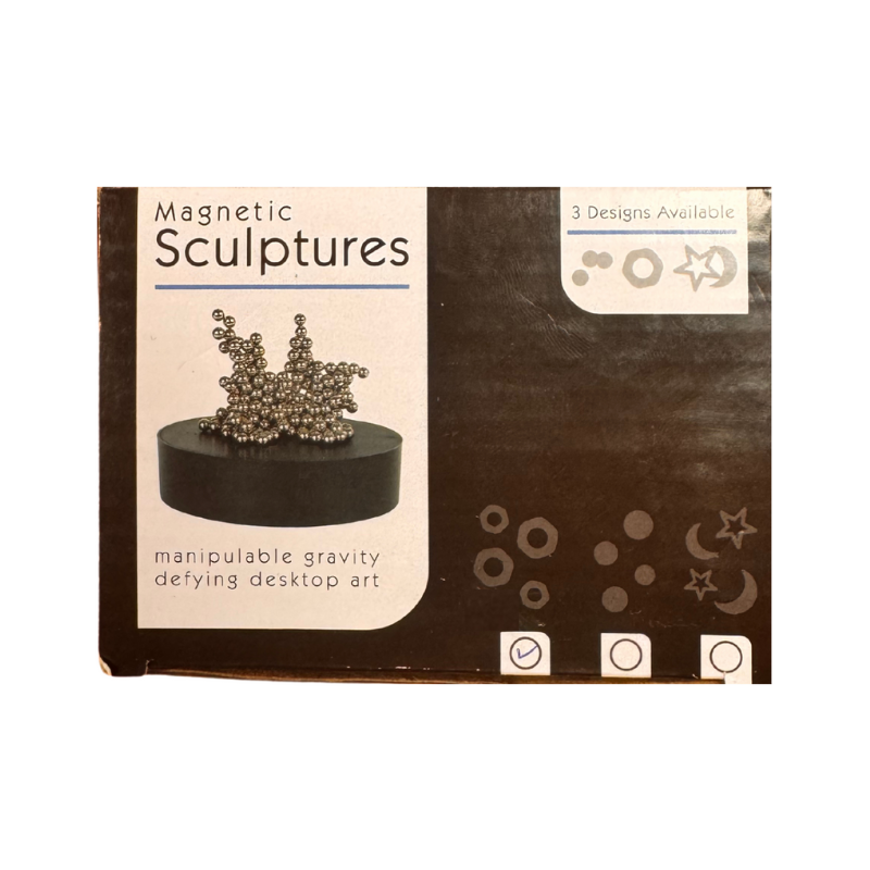 Box of magnetic sculptures with a sample design on a white background
