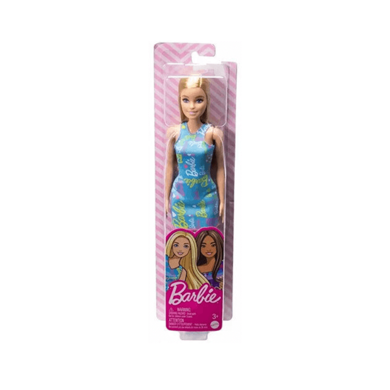Barbie doll in a blue dress with a colorful pattern, packaged in a pink and white box on a white background.