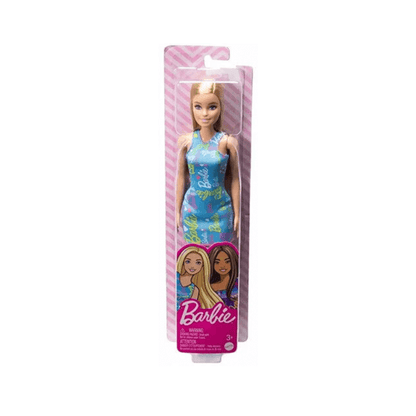 Barbie doll in a blue dress with a colorful pattern, packaged in a pink and white box on a white background.