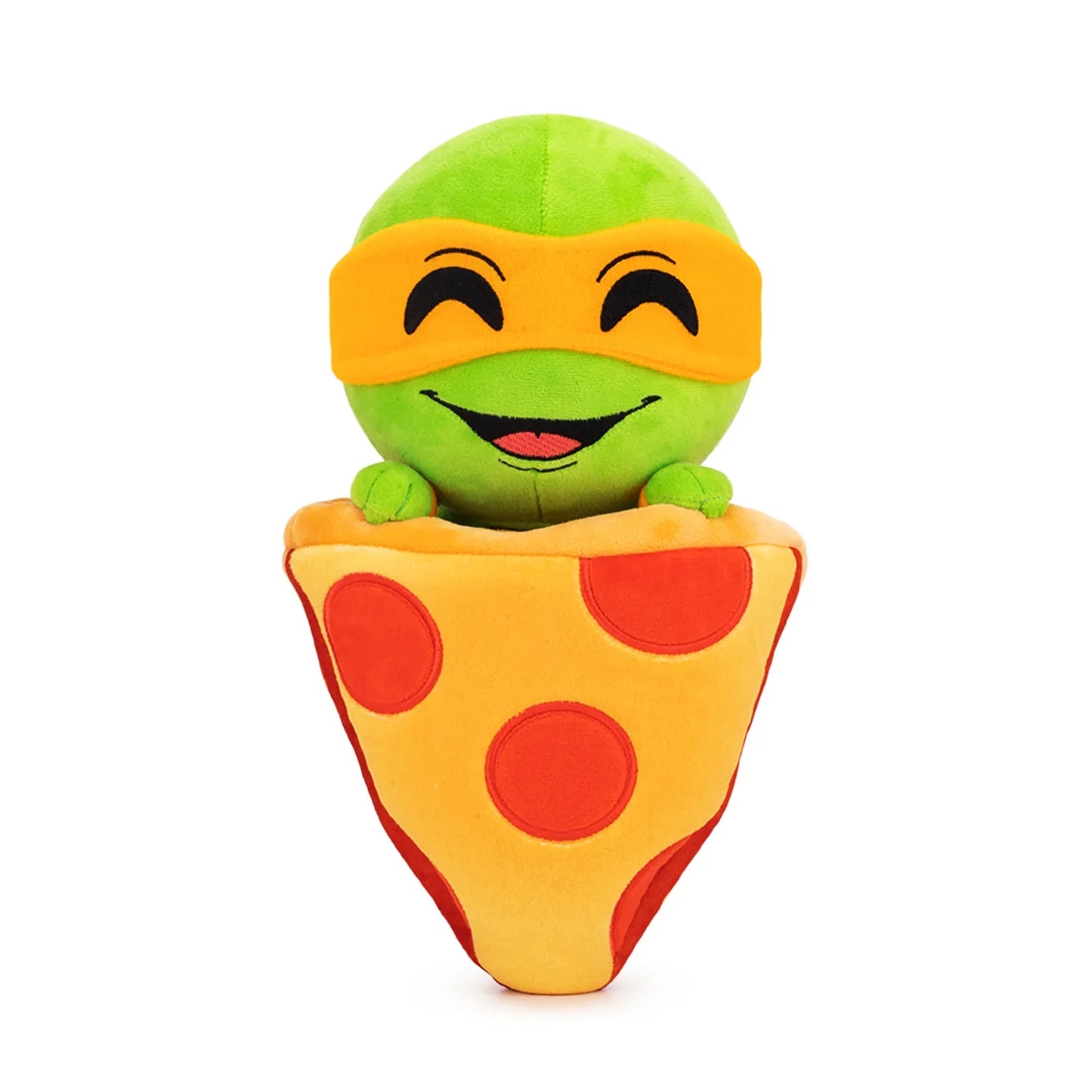 TMNT Plush toy resembling a green turtle with a yellow shell and orange mask, sitting inside a yellow pizza box with red dots on a white background.