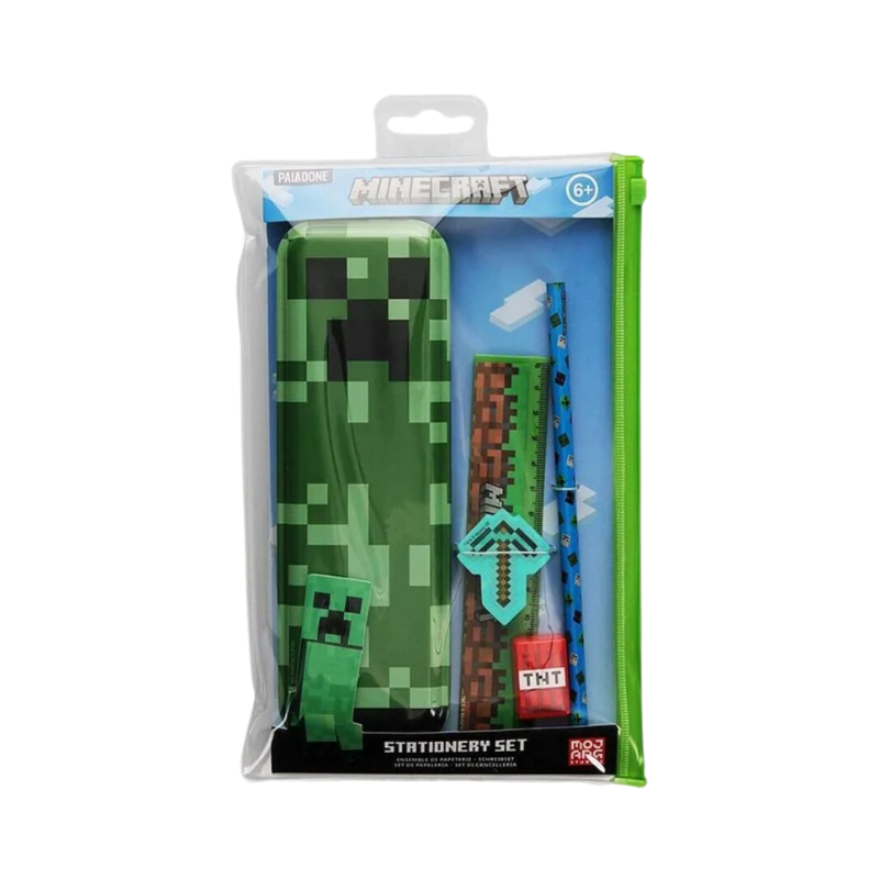 Minecraft-themed stationery set in packaging on a white background