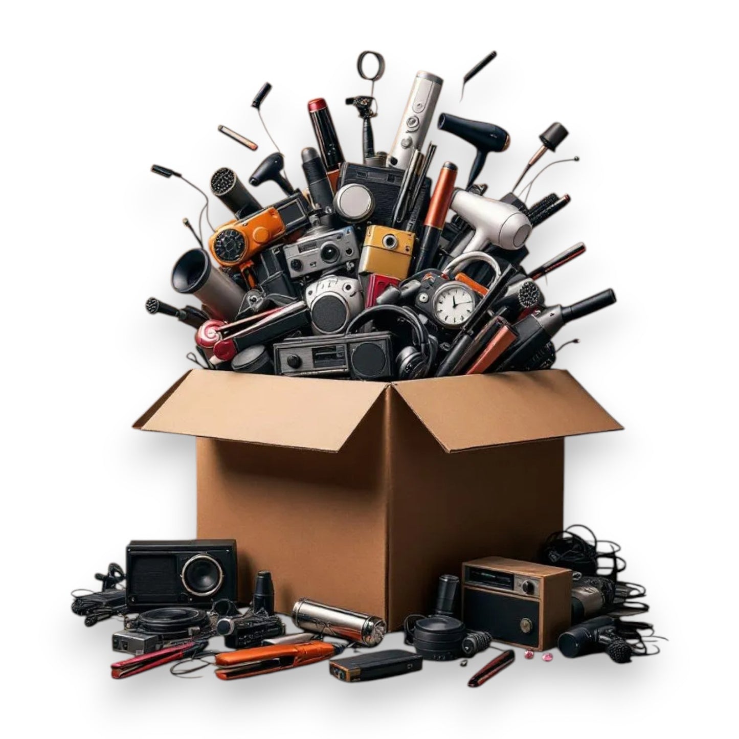 Open cardboard box filled with various electronic devices on a white background