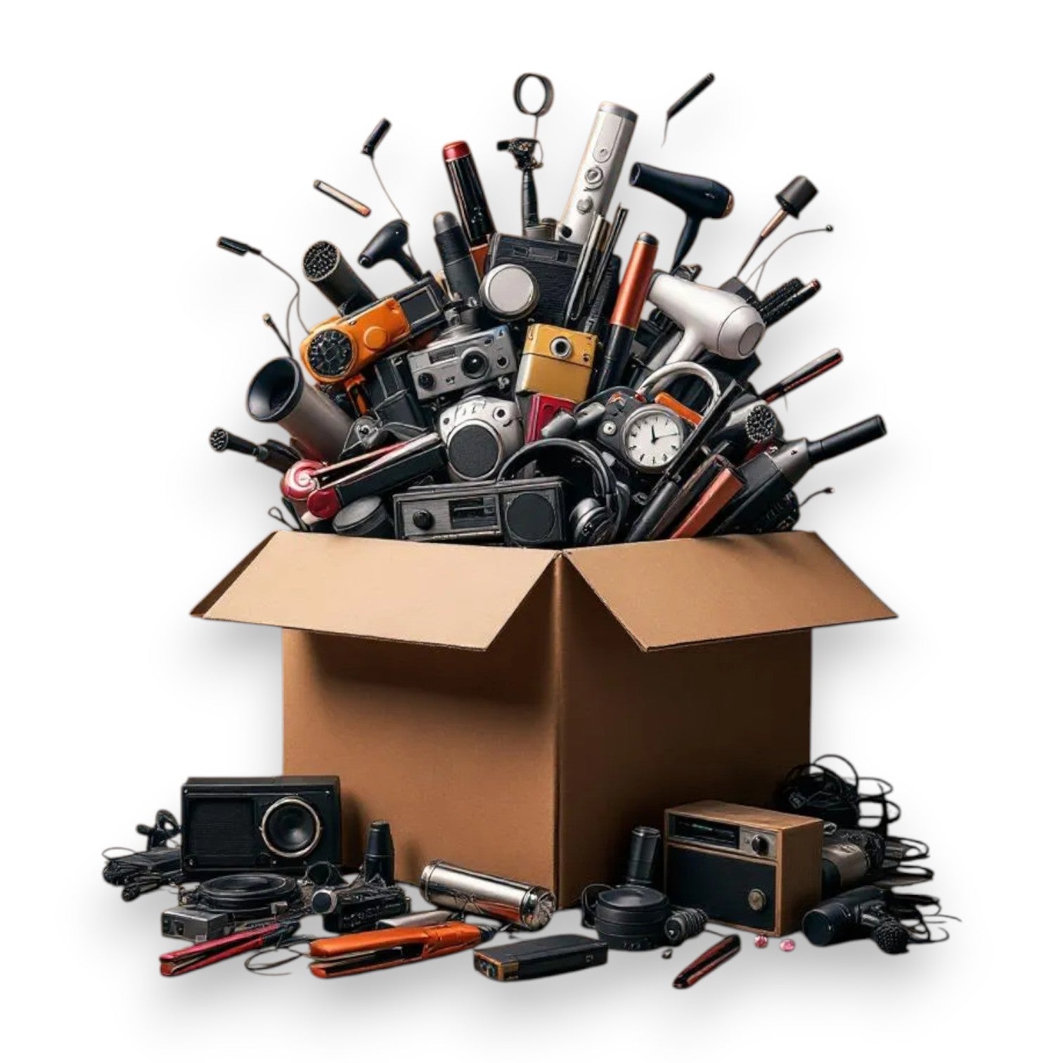 Open cardboard box filled with various electronic devices on a white background