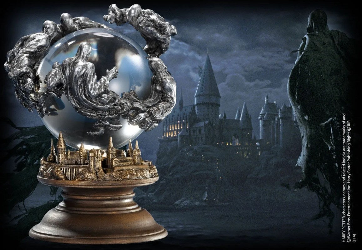 Dementors Crystal Ball with castle model and owl, Hogwarts castle in the background