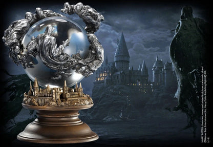 Dementors Crystal Ball with castle model and owl, Hogwarts castle in the background