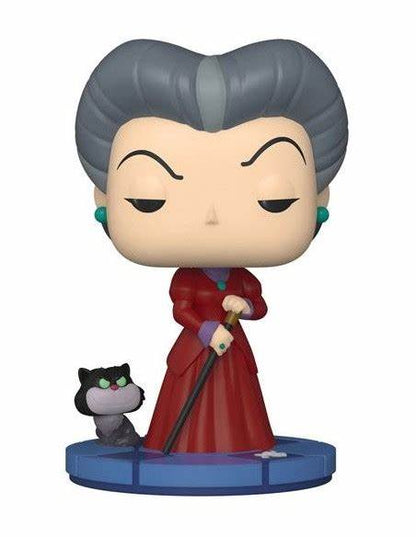 Funko Pop! Lady Tremaine vinyl figure of an elderly woman with gray hair and a cat on a white background