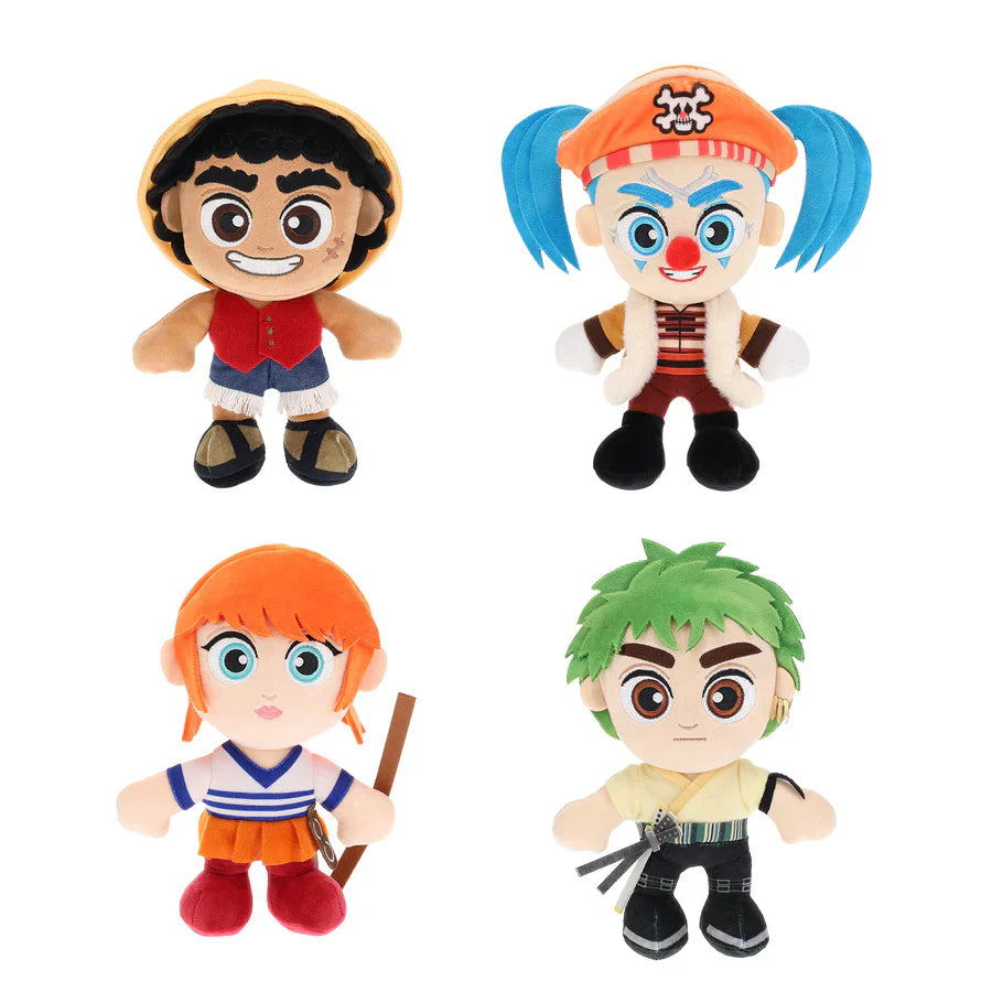 Four colorful plush toys with different characters on a white background