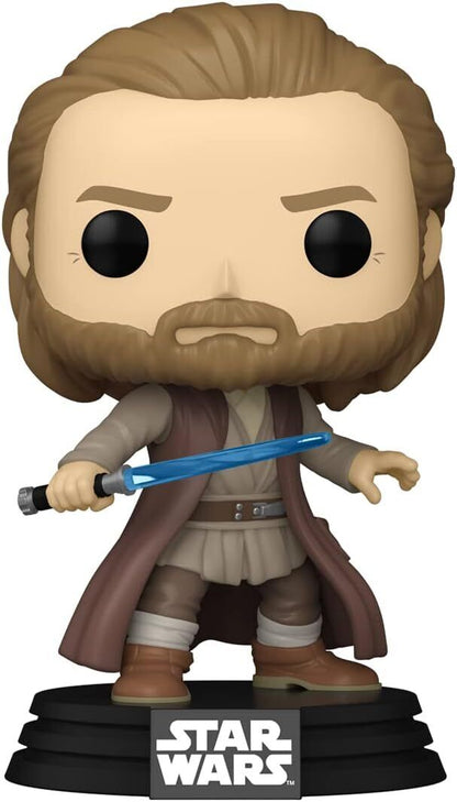 Funko Pop! figurine of a character from Star Wars with a blue lightsaber.