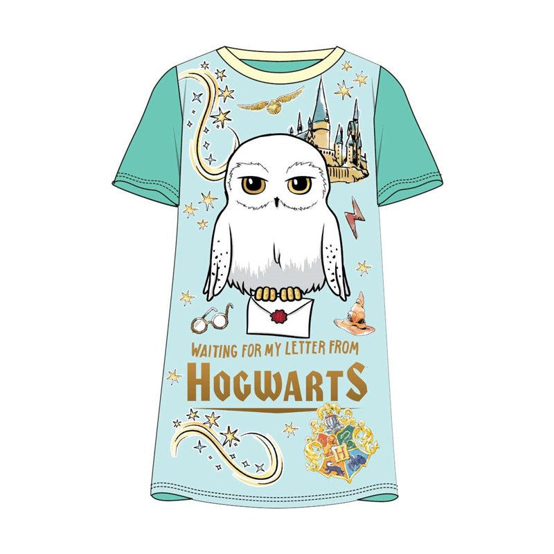 Children's t-shirt with owl graphic and Hogwarts text on a light blue background