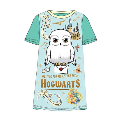 Children's t-shirt with owl graphic and Hogwarts text on a light blue background
