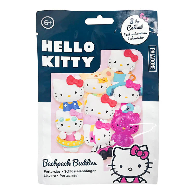 Packaged Hello Kitty backpack buddies with colorful designs on a white background
