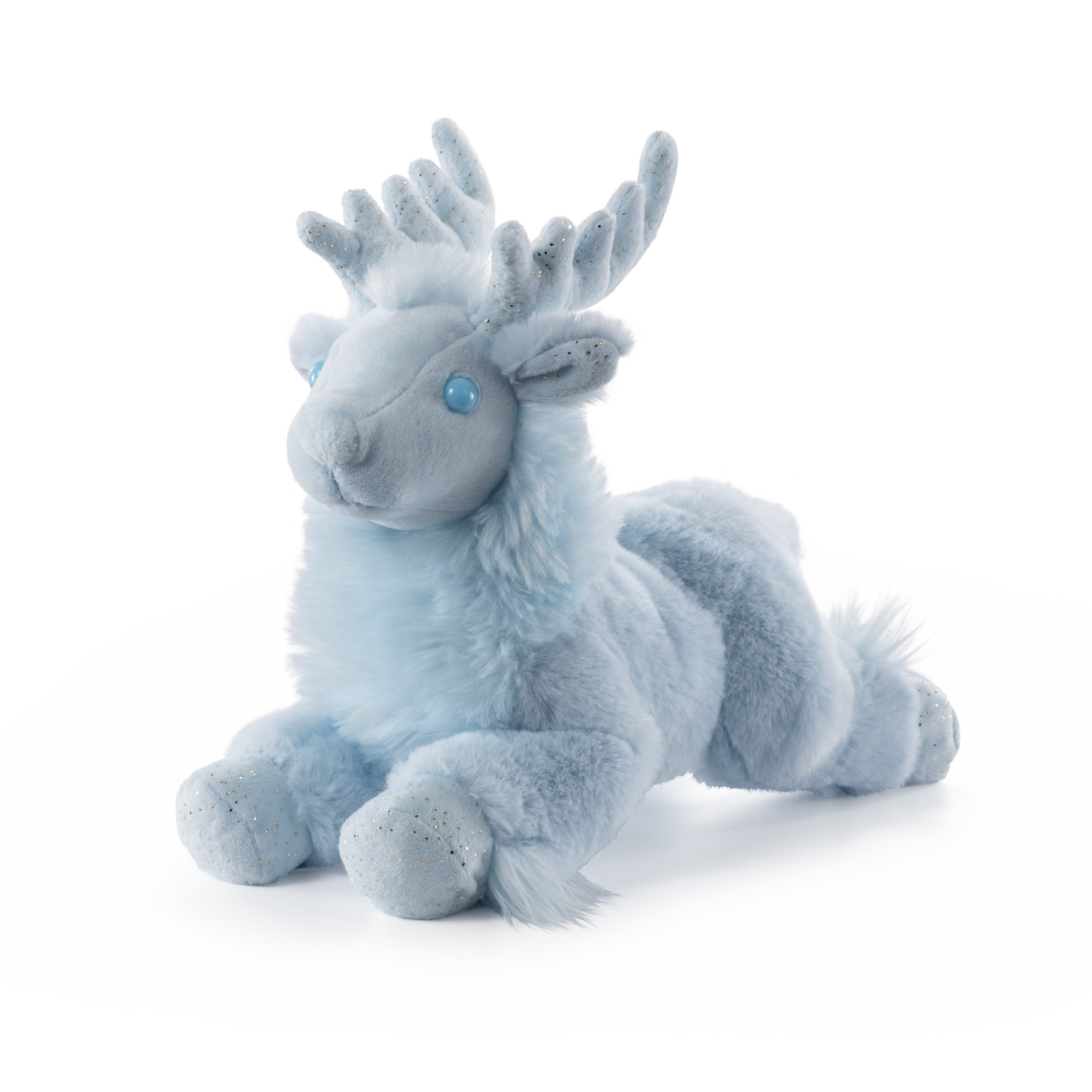 Plush toy reindeer with blue eyes on a white background