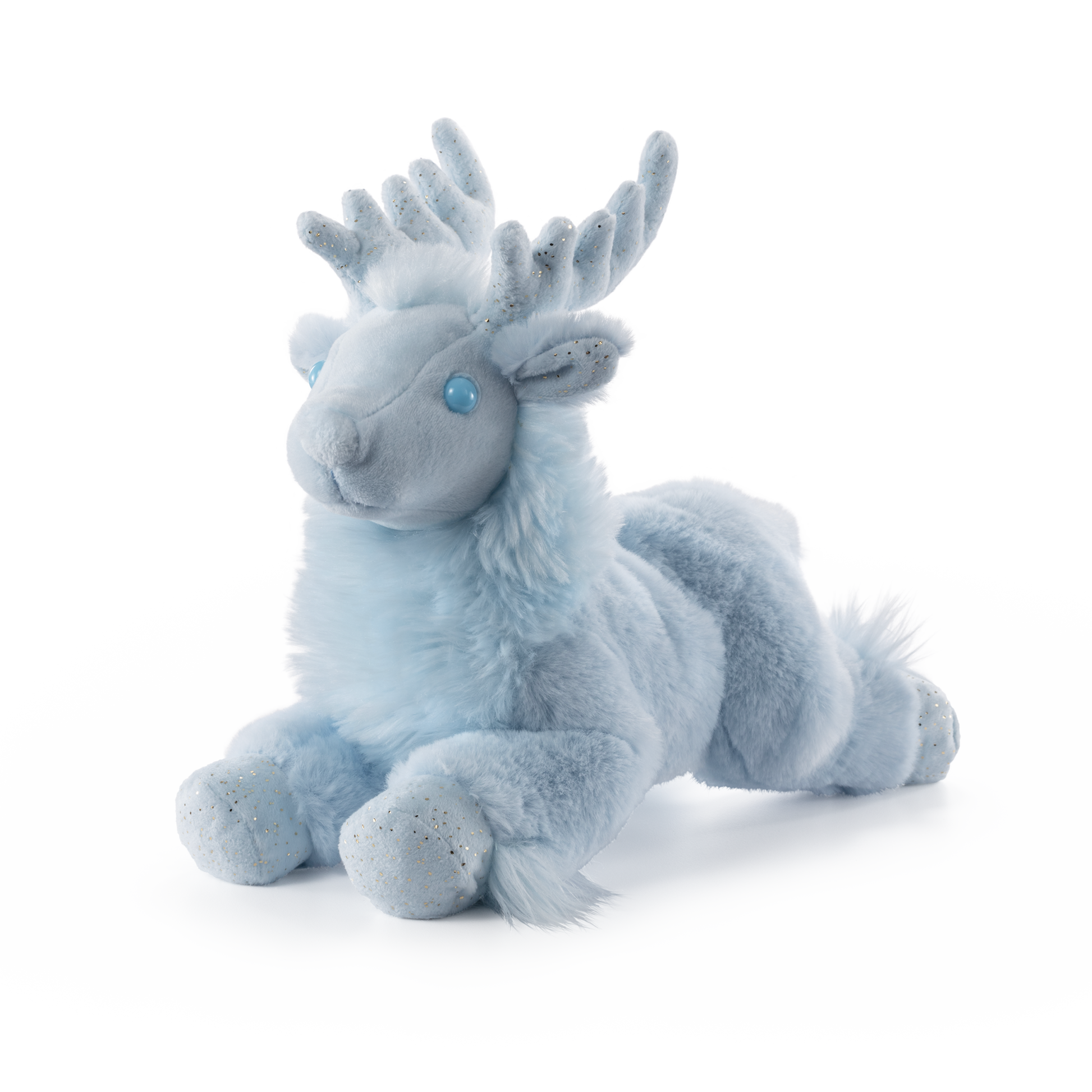 Plush toy reindeer with blue eyes on a white background