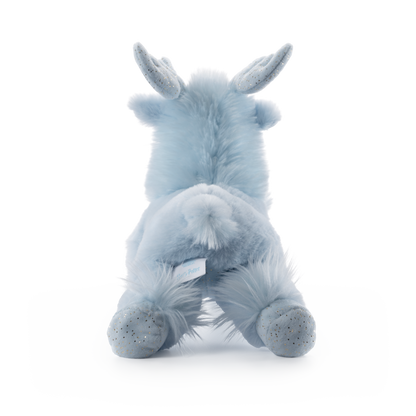 Plush unicorn toy in light blue on a white background