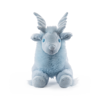 Blue plush toy goat with white horns on a white background