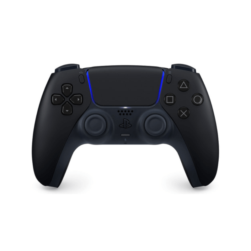 Black gaming controller with blue accents on a white background