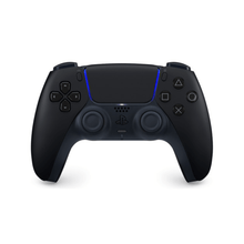 Black gaming controller with blue accents on a white background
