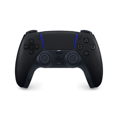 Black gaming controller with blue accents on a white background