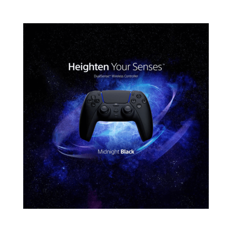 Black gaming controller with 'Heighten Your Senses' text on a dark background