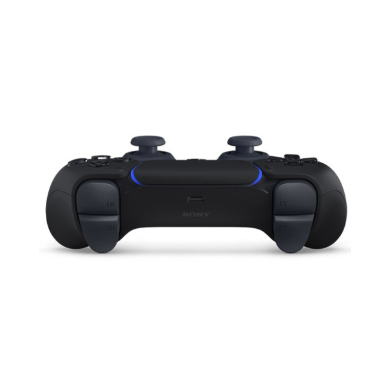 Black gaming controller with blue accents on a white background
