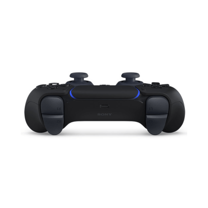 Black gaming controller with blue accents on a white background
