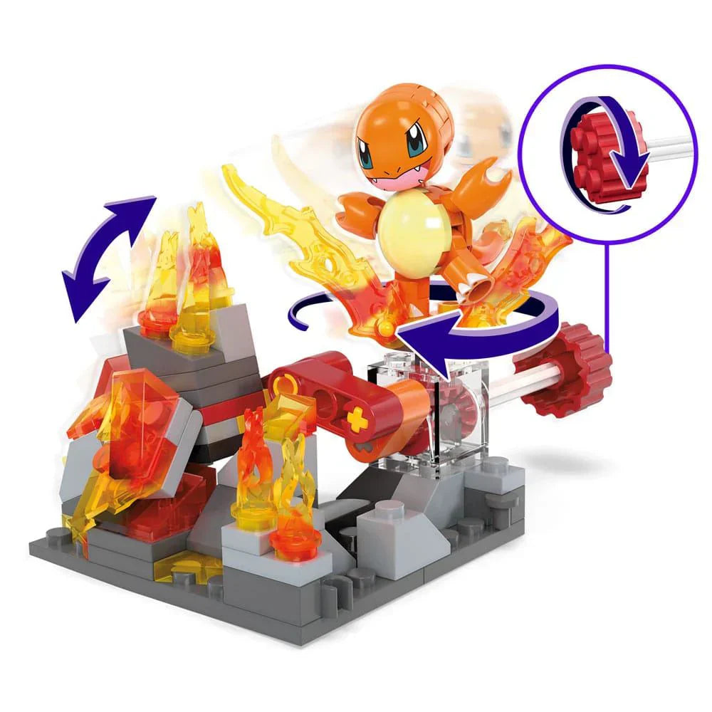 Toy figure of a charmander with flame effects on a white background
