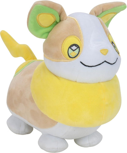 Plush toy of a pokemon Yamper with yellow and brown colours on a white background