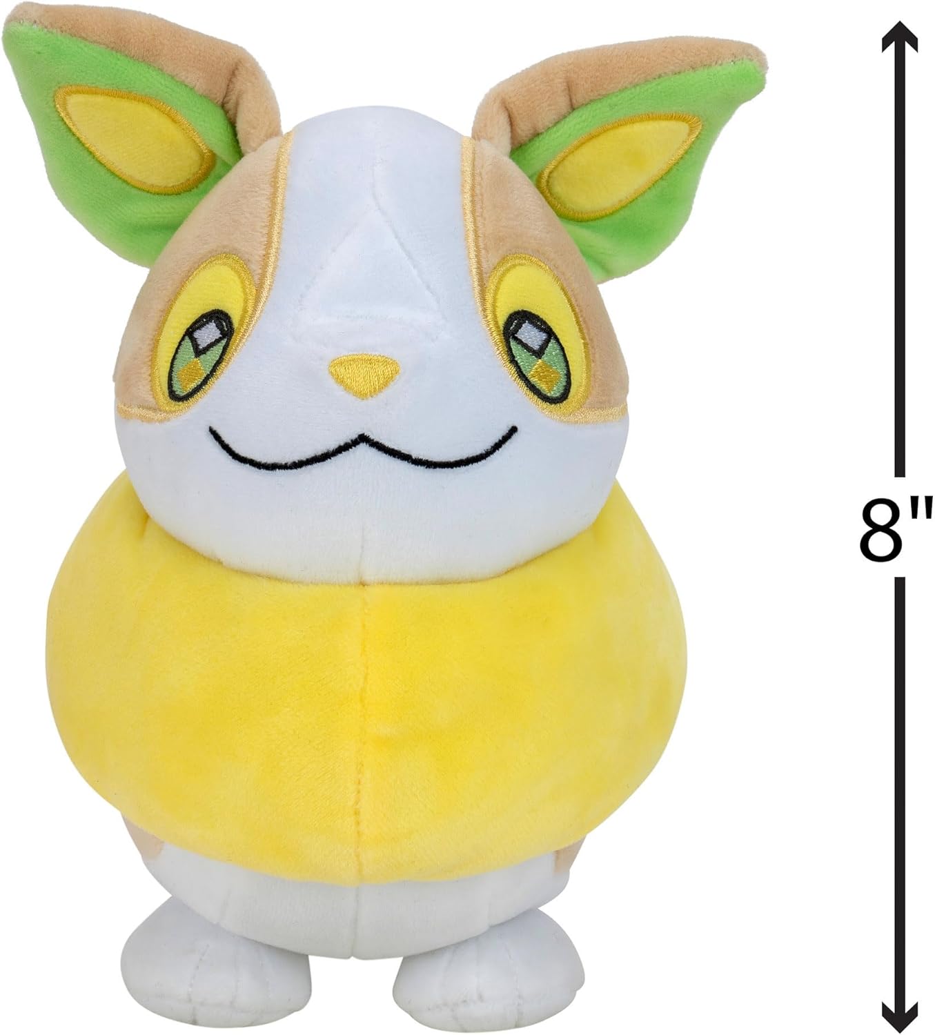 Plush toy of a pokemon Yamper with yellow and brown colours on a white background