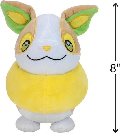 Plush toy of a pokemon Yamper with yellow and brown colours on a white background
