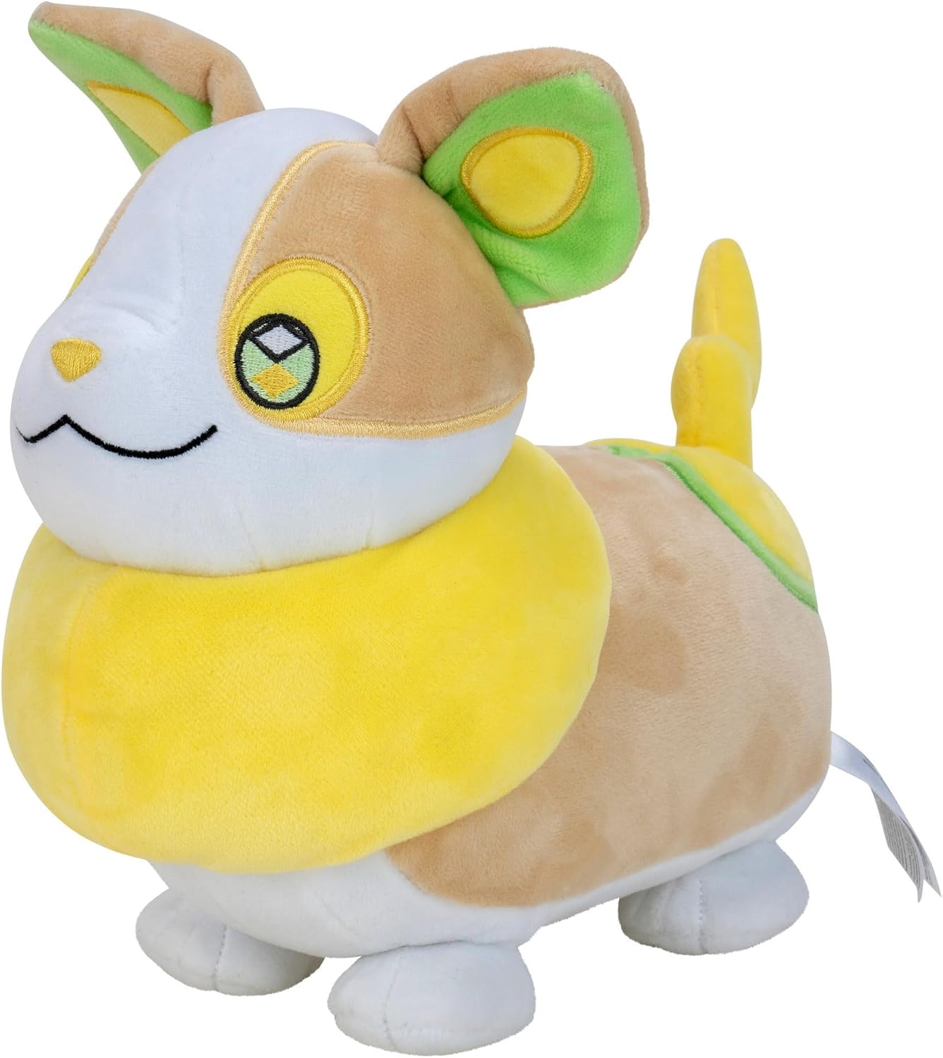 Plush toy of a pokemon Yamper with yellow and brown colours on a white background