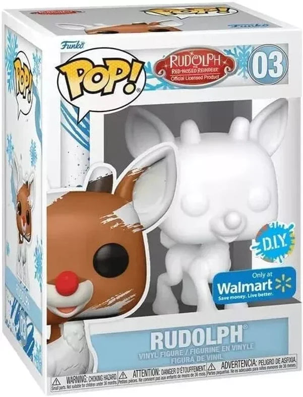 Funko Pop! Rudolph vinyl figure packaging with 'Rudolph' branding and Walmart logo.