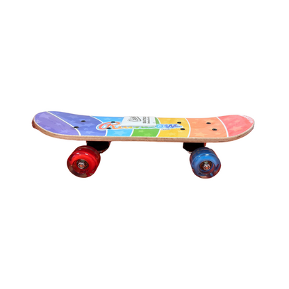 Colorful skateboard with red and blue wheels on a white background