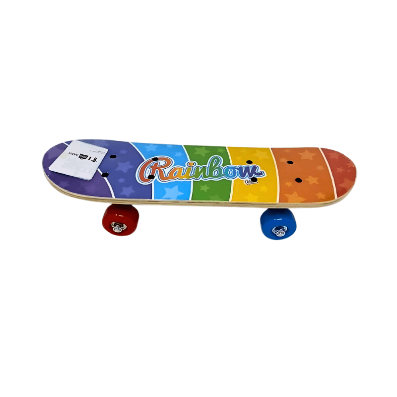 Colourful rainbow-patterned skateboard on a white background