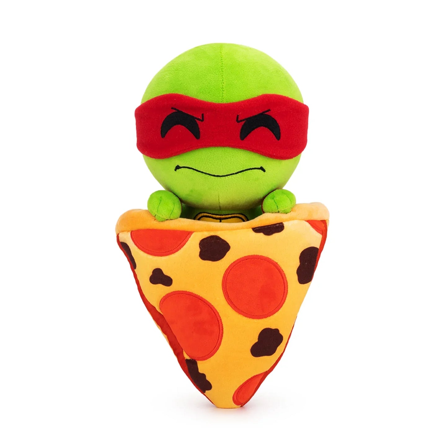 TMNT Plush toy resembling a green character with a red mask inside a pizza-shaped container on a white background