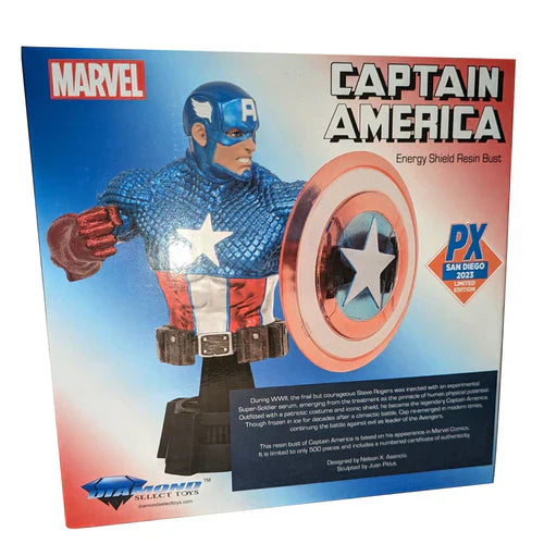Marvel Captain America energy shield resin bust packaging with superhero figure and shield on a blue and red background.
