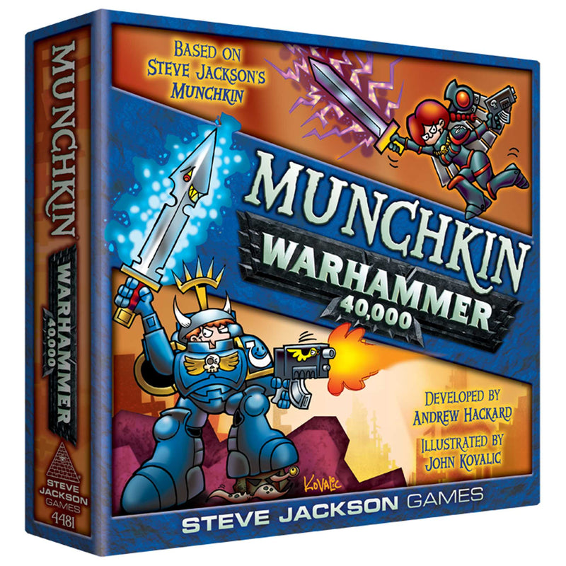 Munchkin Warhammer 40,000 board game box with colorful artwork and text.
