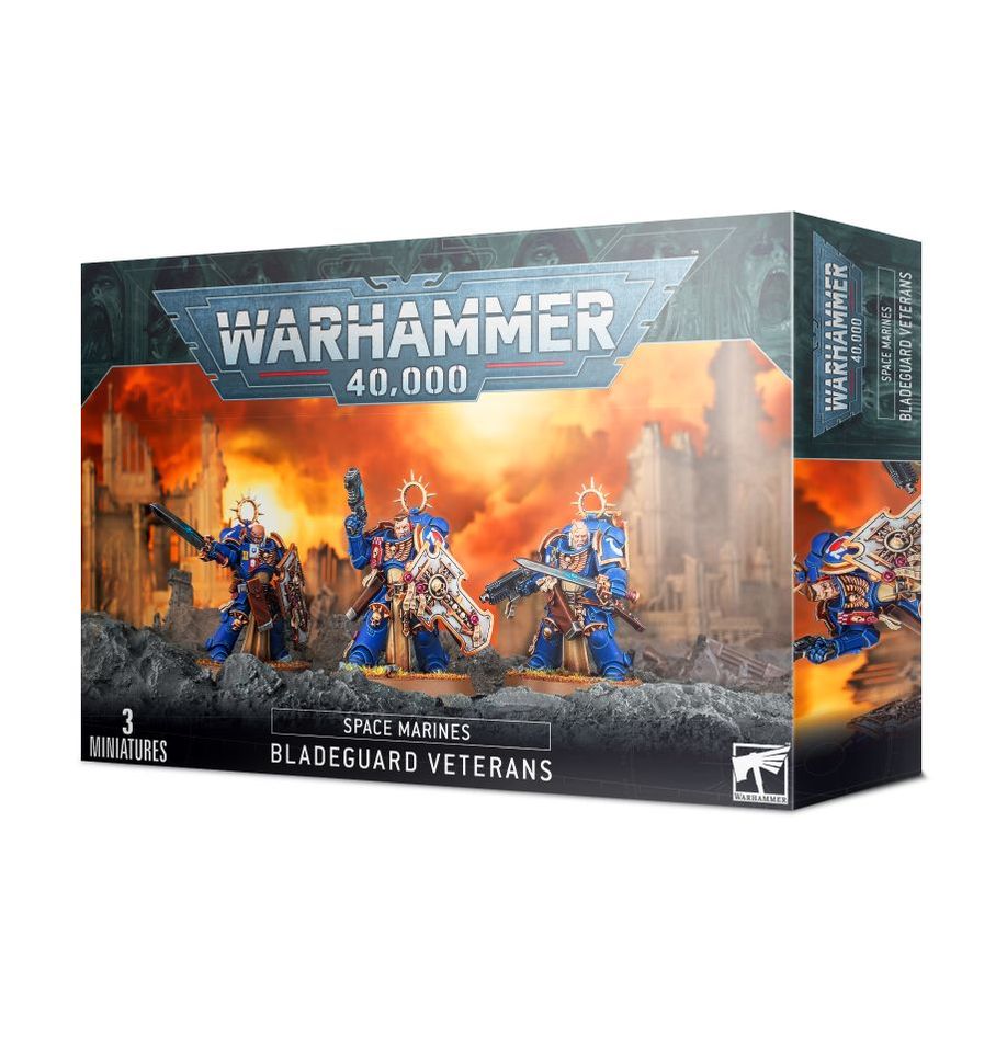 Warhammer 40,000 Space Marines Bladeguard Veterans miniatures box on a white background