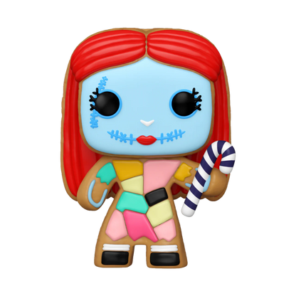 Sally, A Colorful figurine with red hair and skeleton face holding a candy cane on a white background