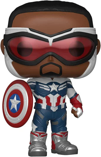 Funko Pop! vinyl figure of a superhero with a shield, wearing goggles and a costume with red, white, and blue colors.