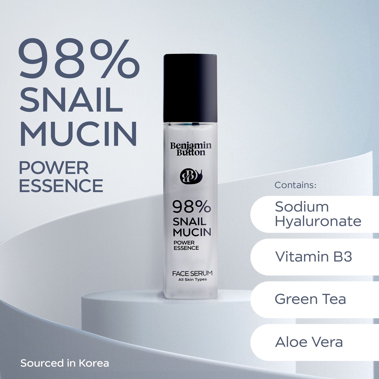 Benjamin Button 98% Snail Mucin Power Essence face serum with ingredients listed on a light gray background.