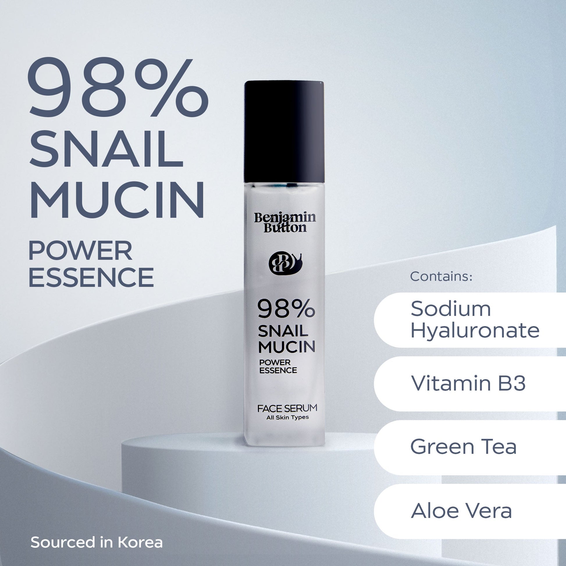 Benjamin Button 98% Snail Mucin Power Essence face serum with ingredients listed on a light gray background.