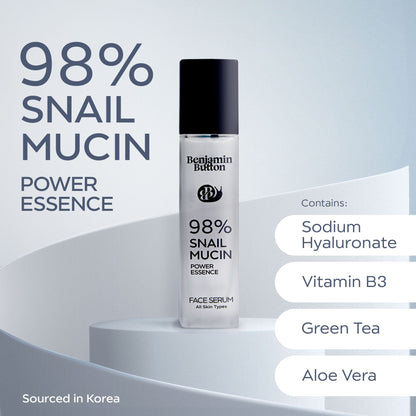Benjamin Button 98% Snail Mucin Power Essence face serum with ingredients listed on a light gray background.