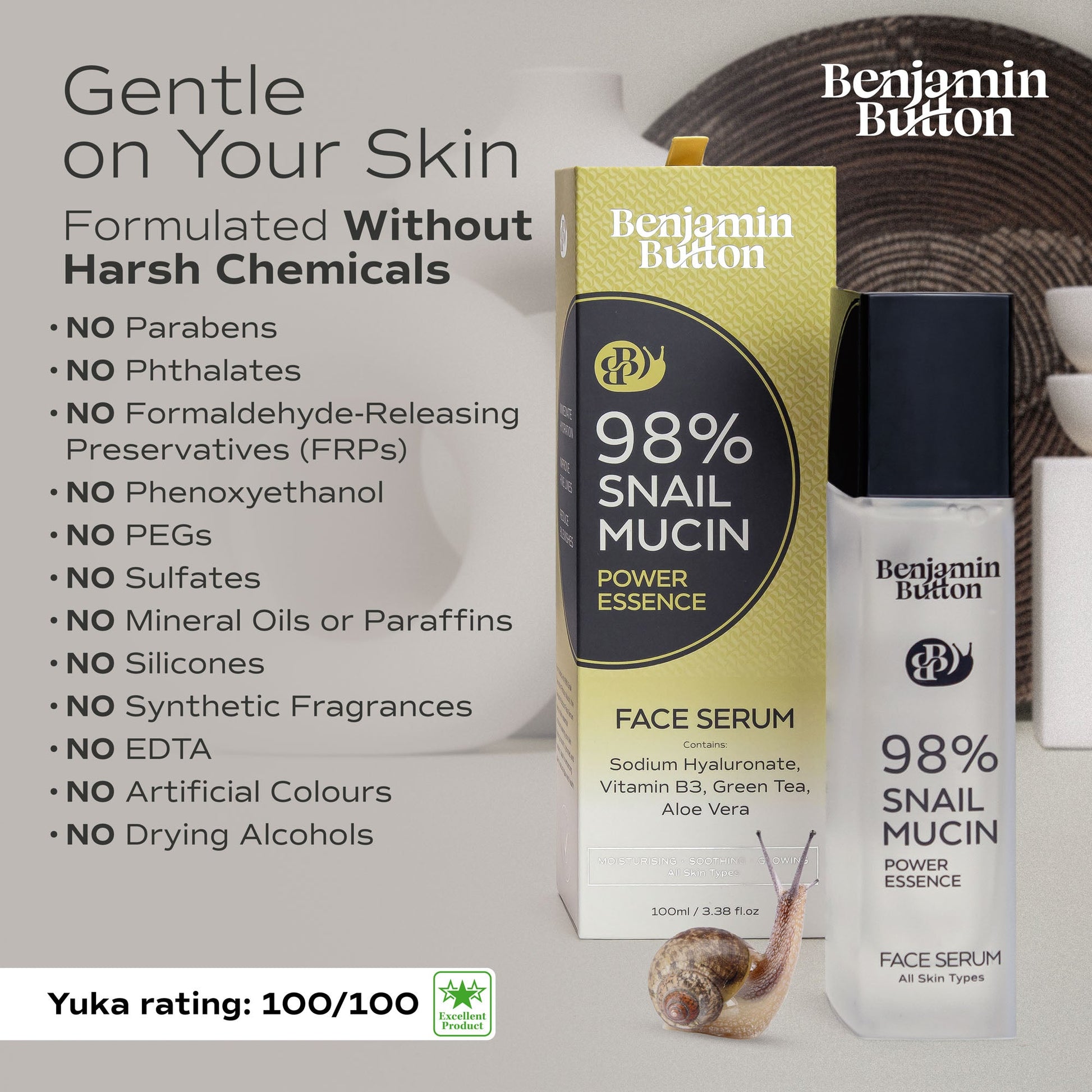 Benjamin Button 98% Snail Mucin Face Serum packaging with product and snail on a light background