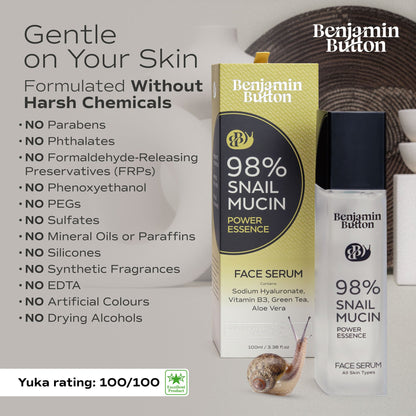Benjamin Button 98% Snail Mucin Face Serum packaging with product and snail on a light background