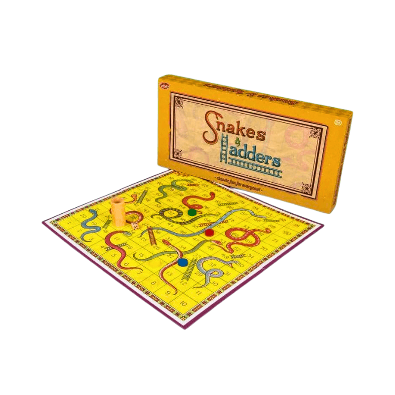 Snakes and Ladders game set with board and packaging on a white background