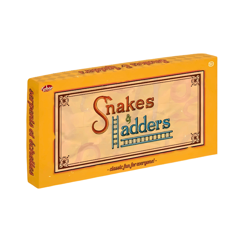Snakes and Ladders game box with yellow border and brown design