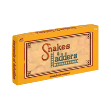 Snakes and Ladders game box with yellow border and brown design