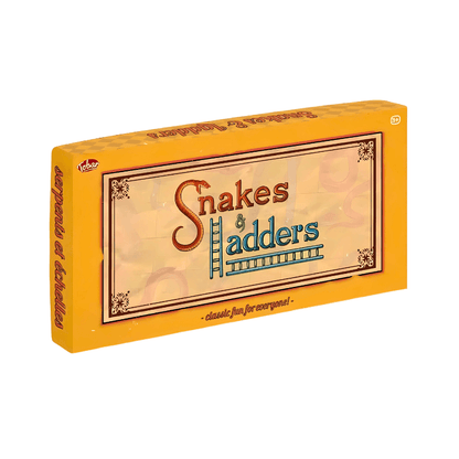 Snakes and Ladders game box with yellow border and brown design