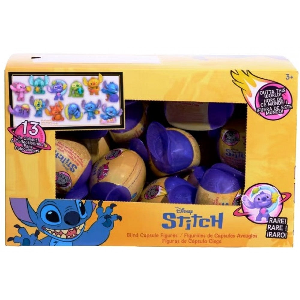 Box of Disney Stitch blind capsule figures with colorful characters on a yellow background