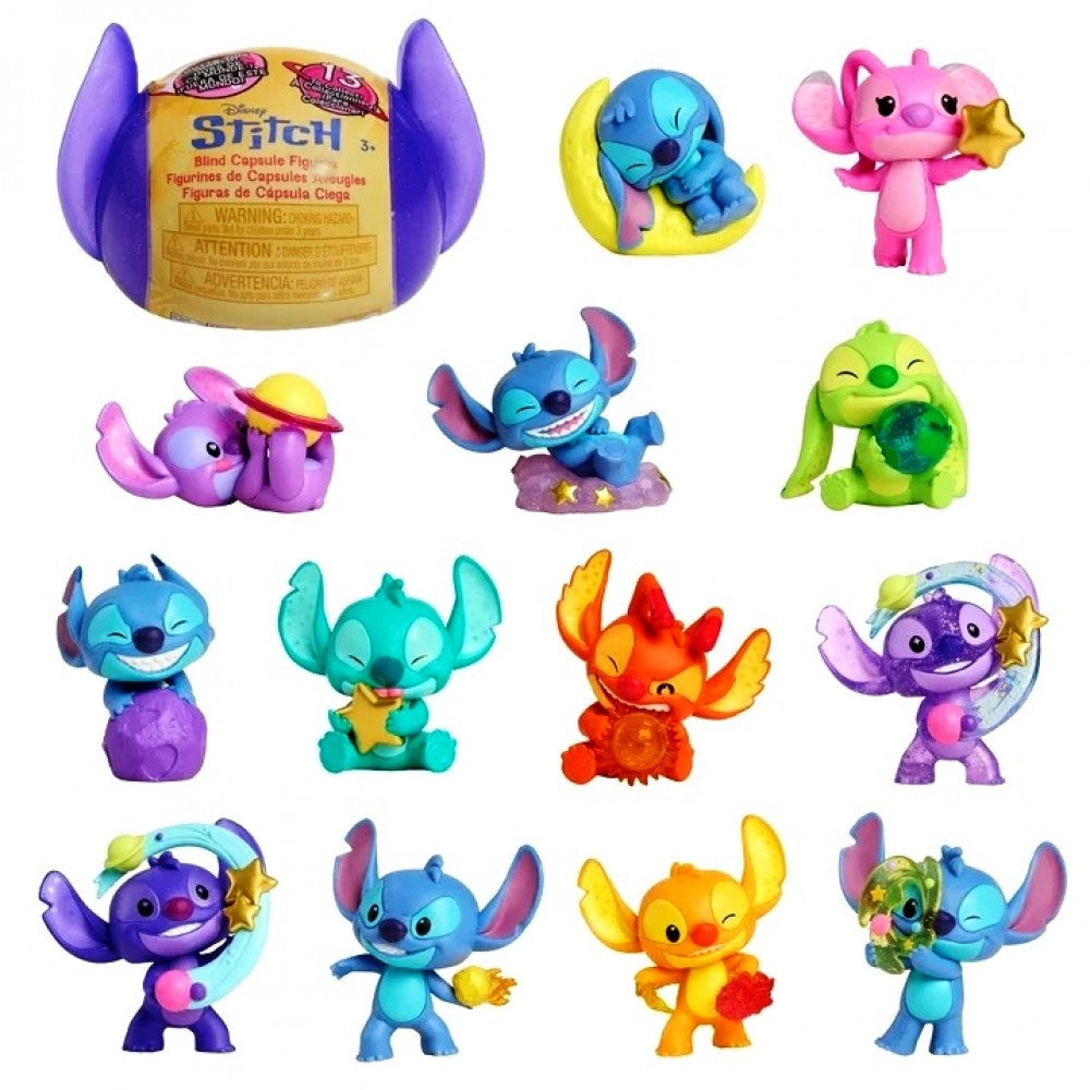 Set of colorful Stitch-themed figurines with a blind capsule toy on a white background